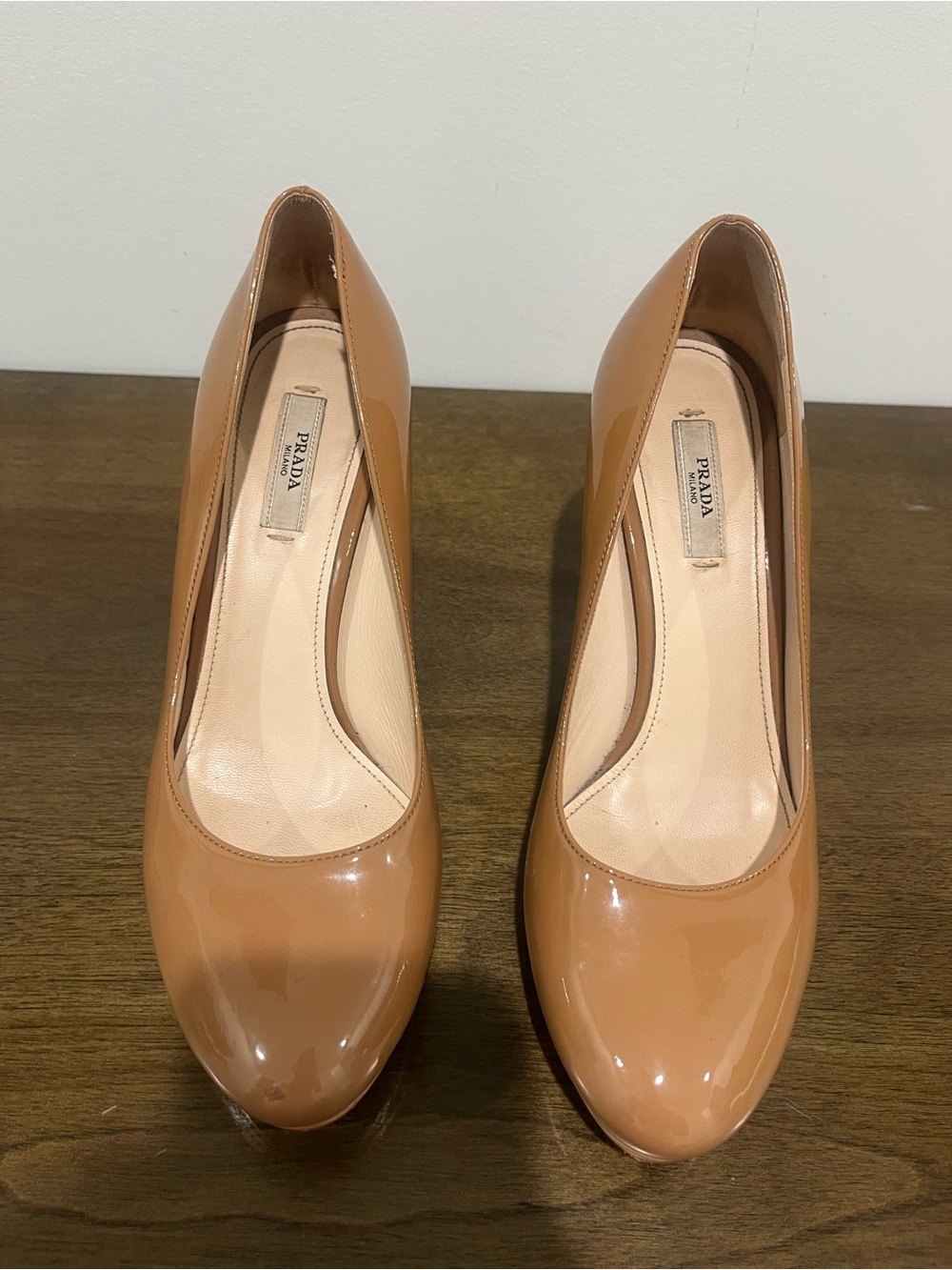 Prada Women's Nude Patent Leather Round-Toe Pumps Size 38